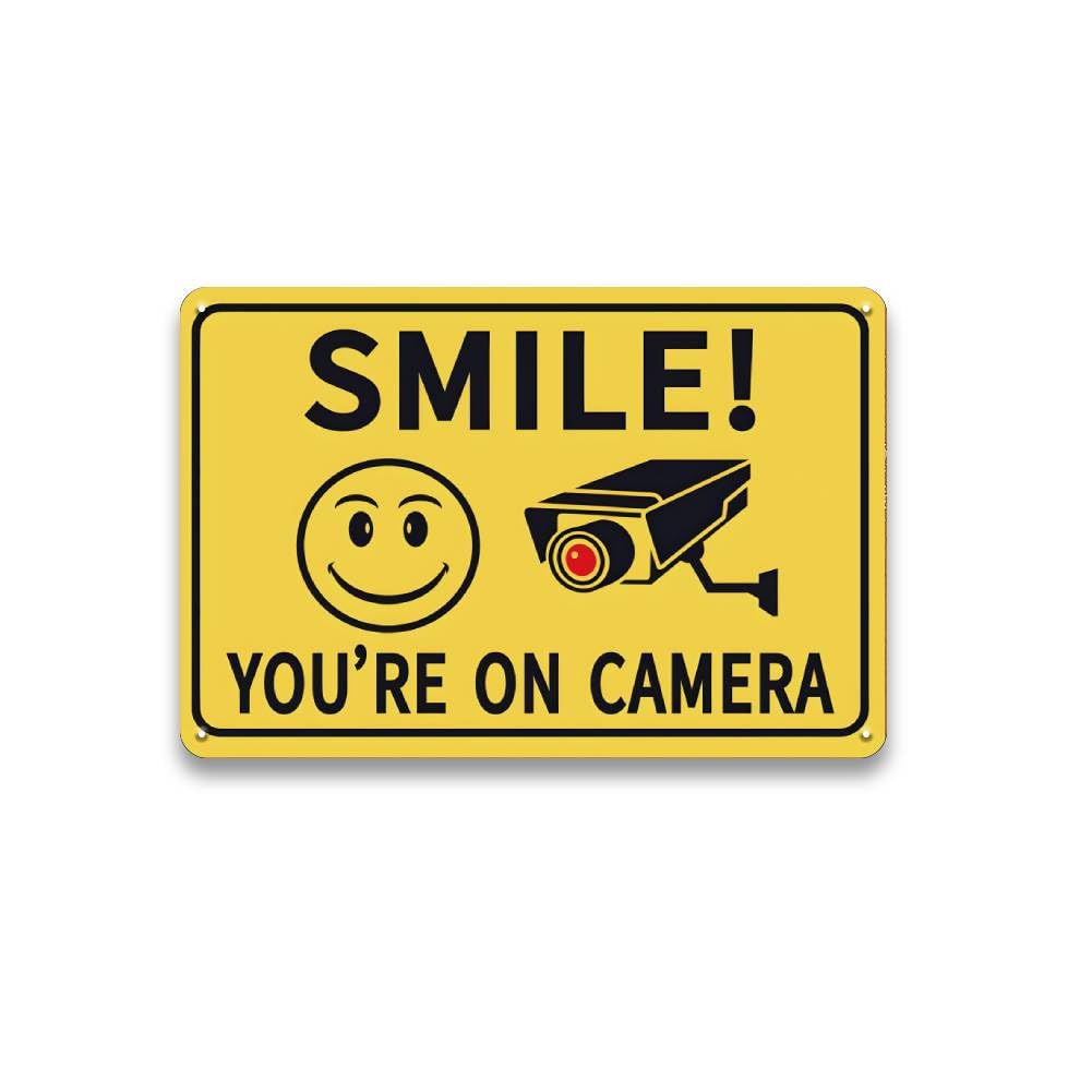 YOYI ART Smile You're on Camera Signs - 8 x 12 inch Metal Video Surveillance Signs Outdoor, Security Camera Signs Warning, Smile Your on Camera Signs for Home Security, Business, Yard, Garden and CCTV