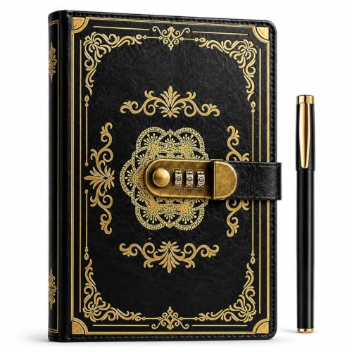 Image of HANXIANG A5 Locked Journal with Pen, Vintage Leather Diary (Black)