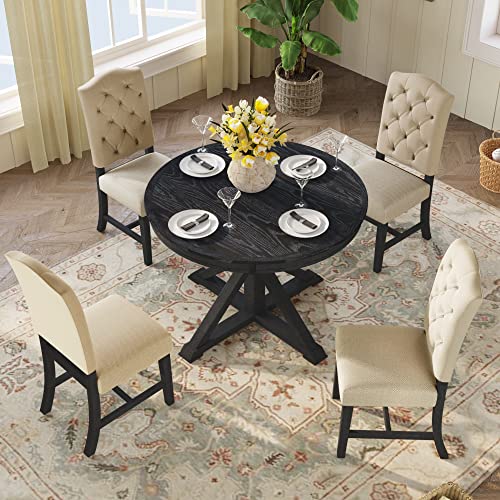Image of Bellemave Extendable Dining Table Set for 4, 5-Piece Round Table Set with 4 Chairs, Circle Table with Upholstered Chairs, Oval Kitchen Table Set with Extendable Table (Espresso)