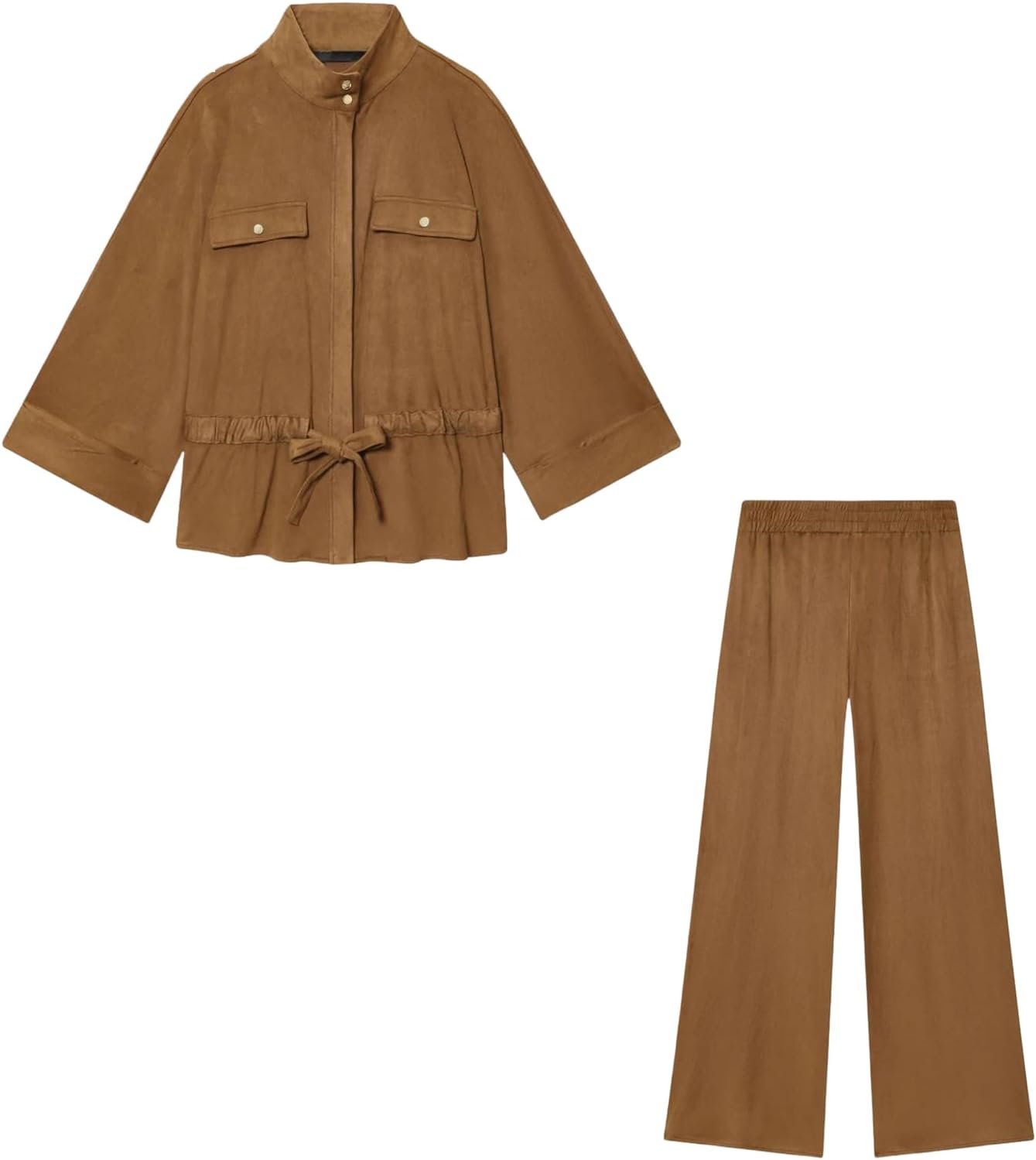 Women's Suede Two Piece Pant Sets Long Sleeve Zip Up Jacket Coat and Wide Leg Trousers Fashion Winter Outfits