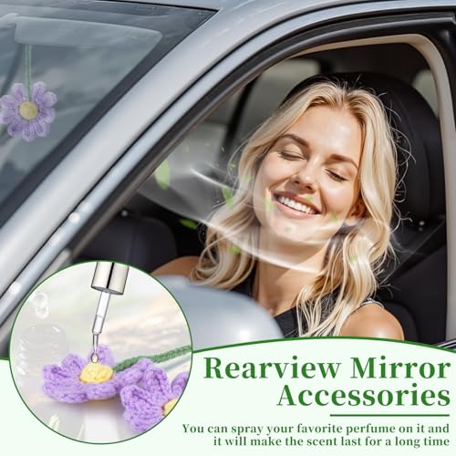 2 PCS Crochet Daisy Car Accessories for Women, Car Rearview Mirror Hanging Accessories, Handmade Cute Cars Accessory for Women Aesthetic, Crochet Flowers Purple Cars Decor (Purple)