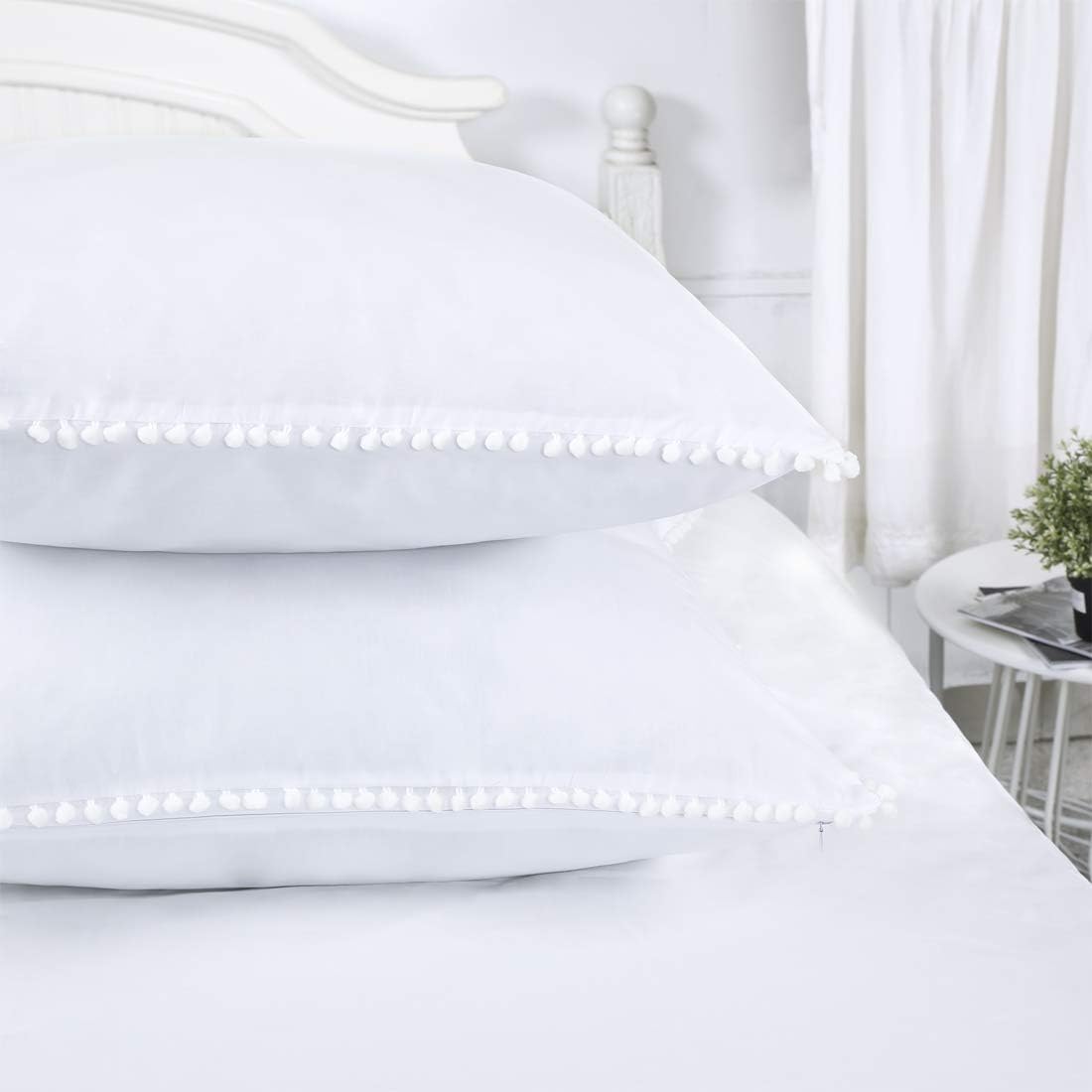 YINFUNG Pom Euro Sham Covers White European Sham 26x26 Set of 2 Decorative Euro Pillowcase Pom Large Fringe Boho Cute Pretty Ball Tassel Trimmed Girls 100% Cotton