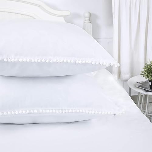 Miniatura 8 de Juego de 2 fundas de almohada con pompones, color blanco, tamaño Queen, estilo bohemio, con borlas, para niñas, 100% algodón, 20 x 30 pulgadas