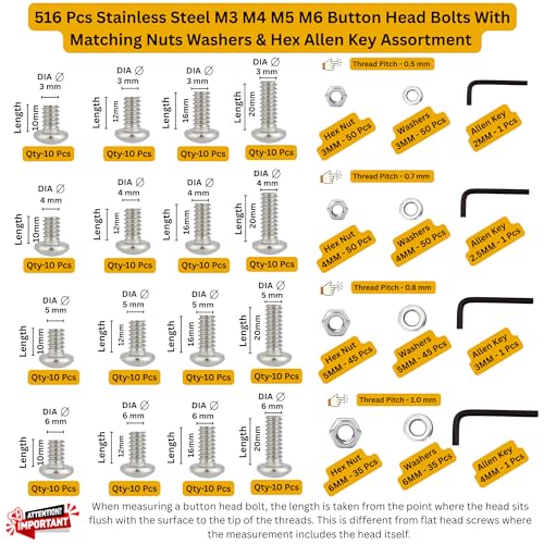 Image of Epi-Torque; The Epic Torque #Doityourself Stainless Steel 202 Grade Button Head Internal Hex Cap Bolt M3 M4 M5 M6 Thread 10-20 mm Screw Assortment Hex Nuts, Flat Plain Washer Allen Key -516 Pcs