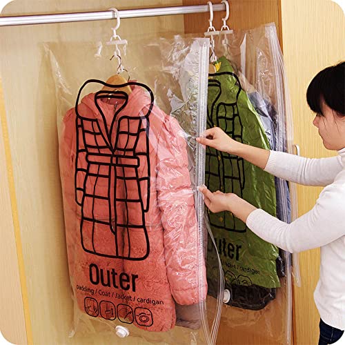 Vacuum Storage Bag, 4 Pack Vacuum Seal Space Saver Bags Clear Bags for Clothes with Hook, Hanging Garment Bags Seal Bags Compression Bag for Seasonal Clothes, Winter Overcoat, Down Jacket Dress,(L)
