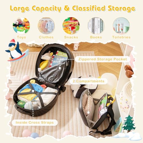 Goplus 4 Piece Kids Luggage Set, 14” Carry-on Hardside Spinner Luggage w/ 10” Backpack, Neck Pillow, Toddler Travel Rolling Suitcase for Boy Girl Children (Black Penguin)3