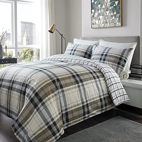 ED Flannelette Printed Duvet Cover Set | 100% Brushed Cotton Flannel Fleece | Reversible Bedding Quilt With Pillowcases (Grey Stars, Double)