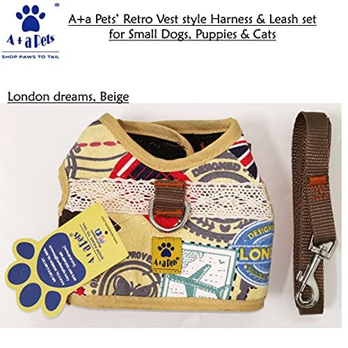 Image of A+a Pets' Retro Vest Style Combo of Harness & Leash Set, No Pull, No Escape, Breathable, Cute Soft Prints for Puppies, Small Dogs, Cats (London Dreams, Beige, Small)