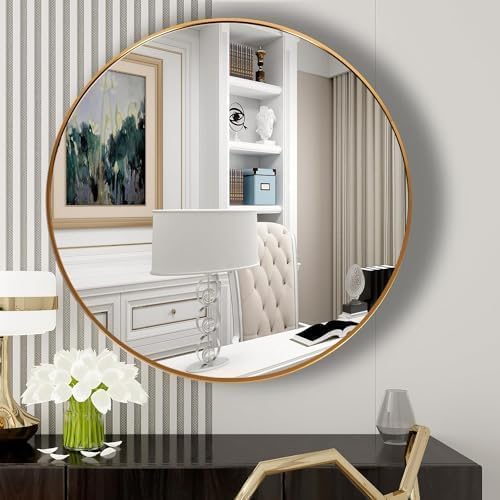 Image of Sidra Decor Decorative Round Wall Mirror with Metal Frame | Hanging Vanity Mirror for Bathroom, Bedroom, Hallway | Home Wall Decor in Gold, Black, White HD Mirror for wash Basin (Gold 20 Inch)