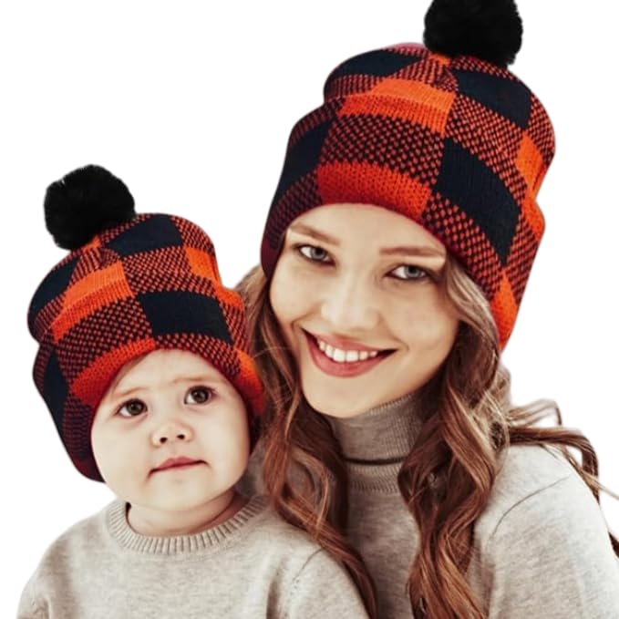 2 Pcs Parent-Child Beanie Hat,Mother & Baby Daughter/Son Winter Warm Knit Hat,Kids Soft Beanie Cap2