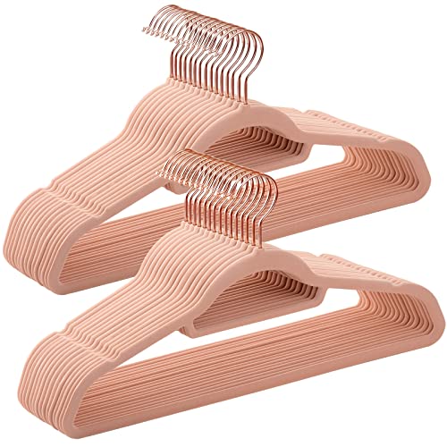 SONGMICS Velvet Hangers, Set of 30 Clothes Hanger with Rose Gold Swivel Hook, Non-Slip, and Space-Saving, 0.2-Inch Thick, 17.1-Inch Long for Coat, Shirt, Dress, Pants, Tie, Coral Pink UCRF21