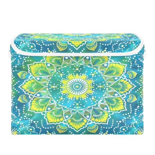 JUMBEAR Bacs de rangement pliables en tissu avec couvercles, motif mandala turquoise, panier de rangement pour chambre à coucher, bureau