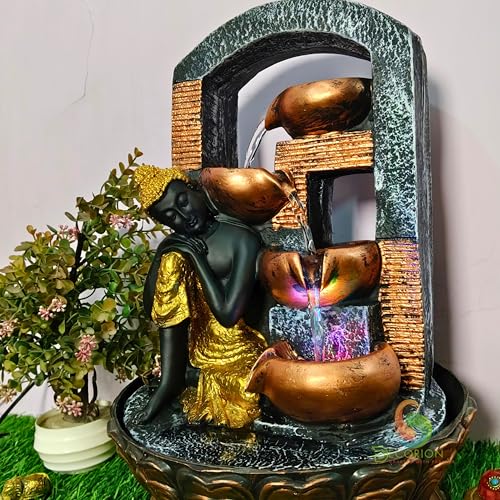 Image of Decorative Table Top Water Fountain for Home Decor /Office /Indoor & Outdoor /Garden /Puja Room /Vaastu with Multicolor LED Light and Adjustable Water Pump (Black-D-013)