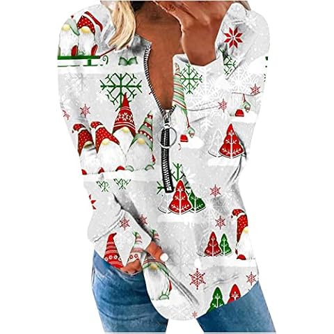 Christmas T Shirt Women's Casual Christmas V-Neck Long Sleeve T-Shirt Autumn Printing Loose Blouse Zipper Tunic Tops Plus Size Cover