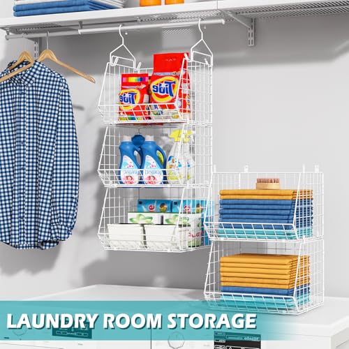 Image of 5 Tier Closet Hanging Organizer, Clothes Hanging Shelves with 4 Hanging Hooks 5 S Hooks, Wire Storage Basket Bins, for Clothing Sweaters Shoes Handbags Clutches Accessories Patent Design-White