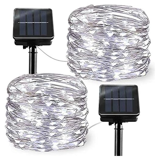 Chinety Upgraded Solar Powered String Lights, 2 Pack 8 Modes 100 LED Solar Fairy Lights Waterproof 33ft Silver Wire Lights Outdoor Garden String Lights for Home Patio Yard Party Decor (Cool White)