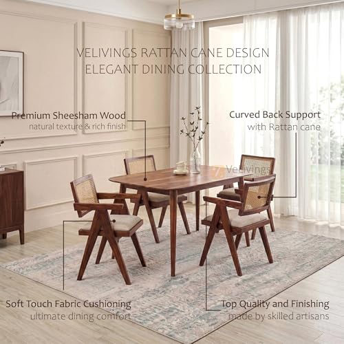 Image of VeLivings Solid Sheesham Wood 4 Seater Dining Table Set with Cane Back Chairs with Cushions for Dining Room | Living Room | Home & Office | Hotels Restaurant & Cafe (Honey Finish)