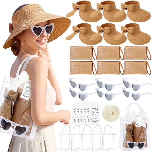 Sunnymove 6 Set Beach Gift Set for Women with Sun Hat Visor Straw Clutch Bag Heart Sunglasses Thank You Card Tag Ribbon and Clear Gift Bag Summer Beach Party Favor and Vacation Accessory(Khaki)