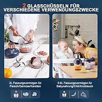 Bear 0.6L+2L Zerkleinerer Elektrisch Mini, 2 Geschwindigkeitsstufen, Häcksler mit 4-Edelstahlklingen und Fleischwolf, Glasbehälter Zerkleinerer für Fleisch,Babynahrung,Obst,Gemüse – Ansicht 2