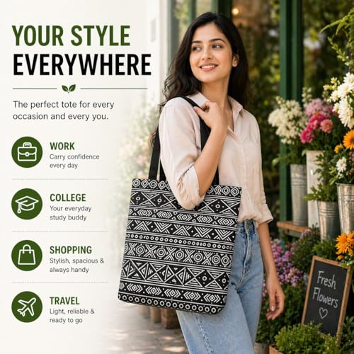 Image of Canvas Tote Bag for Women with Zipper & Pocket(Pack of 1) | Stylish Cotton Handbags for College | Aesthetic Tote Bag for Office, Shopping, Travel, Beach & Daily use