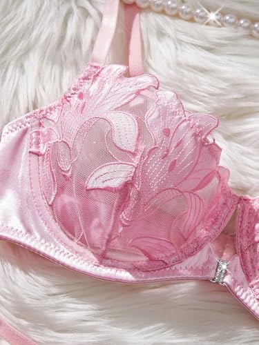 Image of Lilosy Sexy Floral Embroidered Mesh Sheer Underwire Lingerie Set