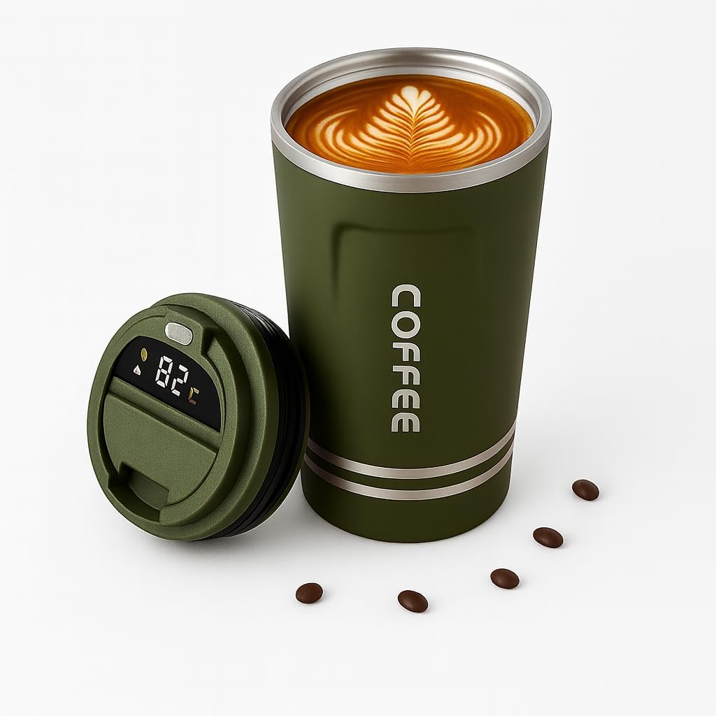 Stainless steel travel mug with smart temperature display lid 510ml (Green)
