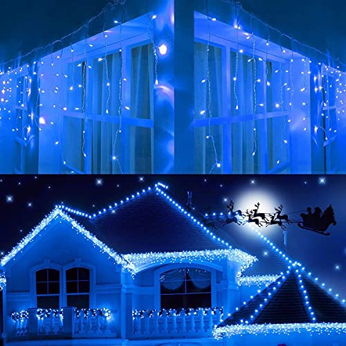 Joomer Luci Natale Esterno Cascata, 12M 400LED Luci Natalizie da Esterno con Timer Funzione, 8 Modalità LED Luci Stringa adattatore per matrimonio Tetto Casa Bar Natalizia Decorazione(Blu)