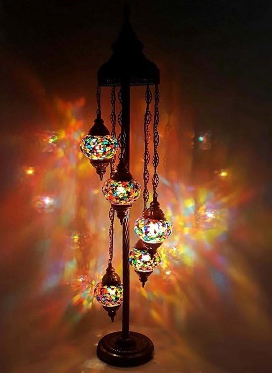 Halay Lampadaire turc avec 5 boules de mosaïque de 13 cm mélange multicolore - Lampadaire oriental avec 5 boules de mosaïque de 13 cm mélange multicolore