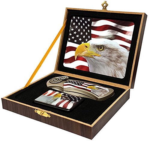 Eagle Head American Flag Folding Hunting Knife with Oil Lighter in Collectors Box