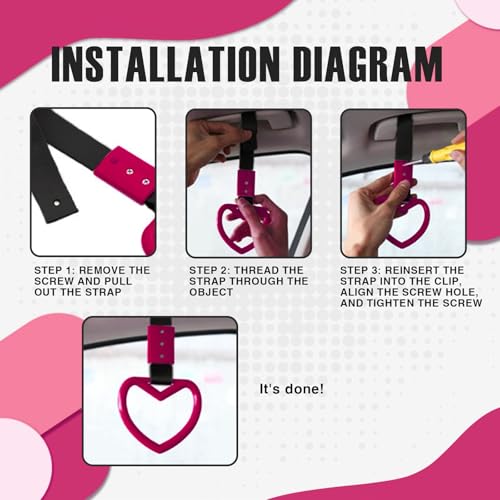 Image of 2PCS Heart Shaped Car Handle Straps, Rear Bumper Warning Keychain Ring for Car Exterior Accessories (Hot Pink)