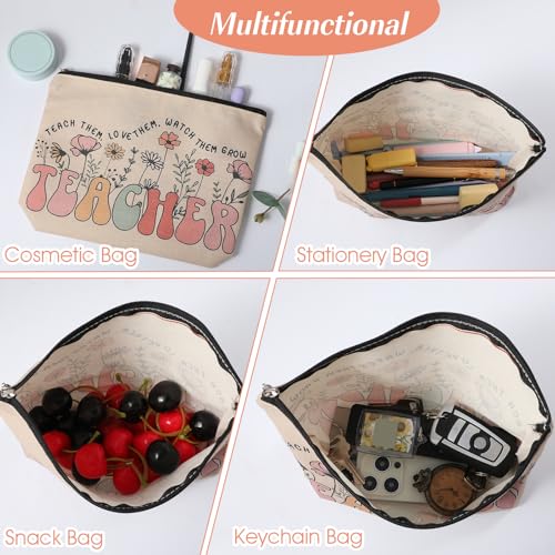 JIEYAO Teacher Gifts Makeup Bag, Teacher Must Haves Cosmetic Bag, Vintage 70s 80s Floral Cosmetic Bags Travel Toiletry Bag Wildflower Teacher Pencil Pouch for Female Educator Retirement Birthday Gift - Thumbnail 2
