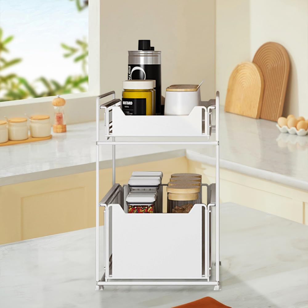 Contenitore Sottolavello A 2 Livelli 40x22x30.5 Cm - Mensola Portaspezie Con Cassetti E Ganci - Organizer In Plastica ABS
