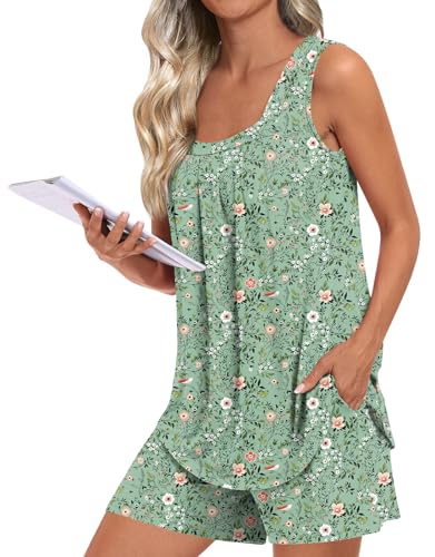 Image of LONGYUAN Womens Sleeveless Pajama Set Soft Summer Lounge Shorts Tank Top Sleepwear with Pockets 2 Piece Set M-3XL