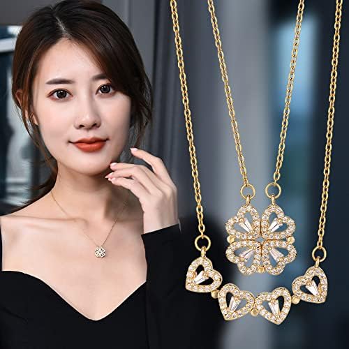 Four Leaf Clover Necklace Foldable for Women,925 Sterling SIlver Bling zircon stone Four Heart Grass Women's Necklaces Crocker ,Retro Magnetic Folding Love Heart Pendant One Style,Two Wearing Methods - Image 5