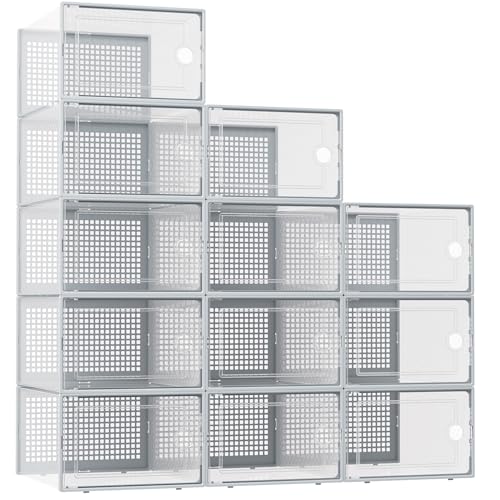 Image of Kuject XX-Large Shoe Storage Boxes Organizers Clear Plastic Stackable 12 Pack, Shoe Rack & Holder Substitute, Sneaker Containers, Shoe Storage Organizer Bins for Closet, Under Bed, Grey(No Fold Line)