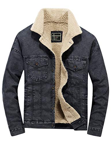 Springrain Men's Winter Classic Sherpa Lined Denim Trucker Jacket (Black, Small)