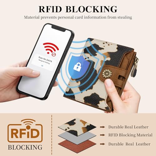 Image of Wallet Women,RFID Blocking Leather Womens Wallet Bifold Compact Small Wallet for Women Card Holder with Removable ID Window cowprint brown