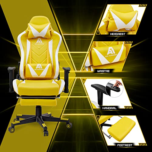 Image of AA Products Gaming Chair - High Back Ergonomic Racing Chair with Footrest, Lumbar Support & Swivel - YellowWhite