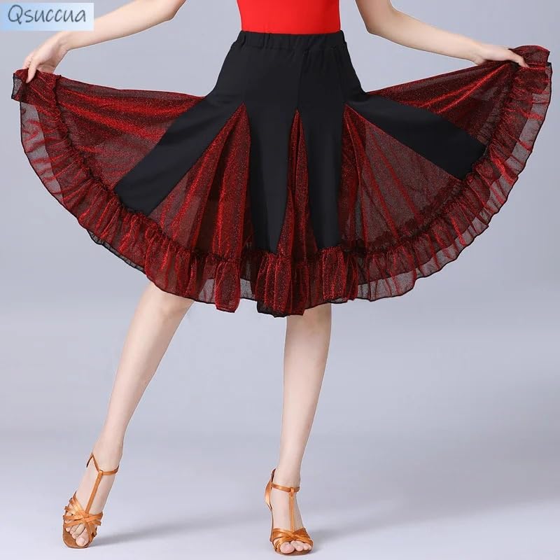Falda de Baile Latino Falda Femenina Ropa de práctica de Baile for Adultos Falda de Baile Falda Corta Falda de Gran Vuelo(Blueblack,XL)