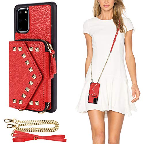 LAMEEKU Samsung Galaxy S20 Plus Crossbody Zipper Case Wallet, Rivet Card Holder Cover Leather TPU Bumper Kickstand Purse Case for Women with Wrist Strap for Samsung Galaxy S20 Plus, 6.7 inch- Red