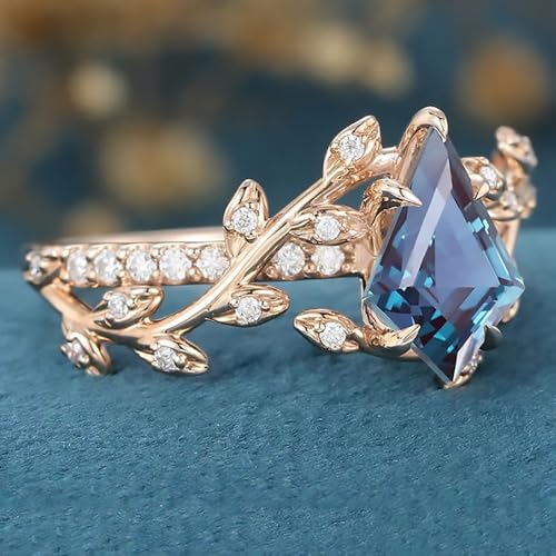 Kite Shape Natural Alexandrite Engagement Ring for Her Women,10K 14K 18K Rose Gold Alexandrite Moissanite Ring Gemstone Band Gift for Anniversary Wedding Valentine's Day3