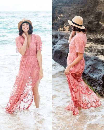 Image of LRISES Womens V Neck Floral Embroidered Lace Wedding Maxi Dress Boho Bridesmaid Evening Party Bridal Shower Dresses Pink