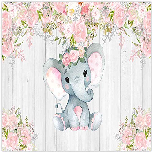 Allenjoy 8x8ft Rustic White Wood Elephant Backdrop Supplies for Baby Shower Pink Floral Its a Girl Newborn Kids Birthday