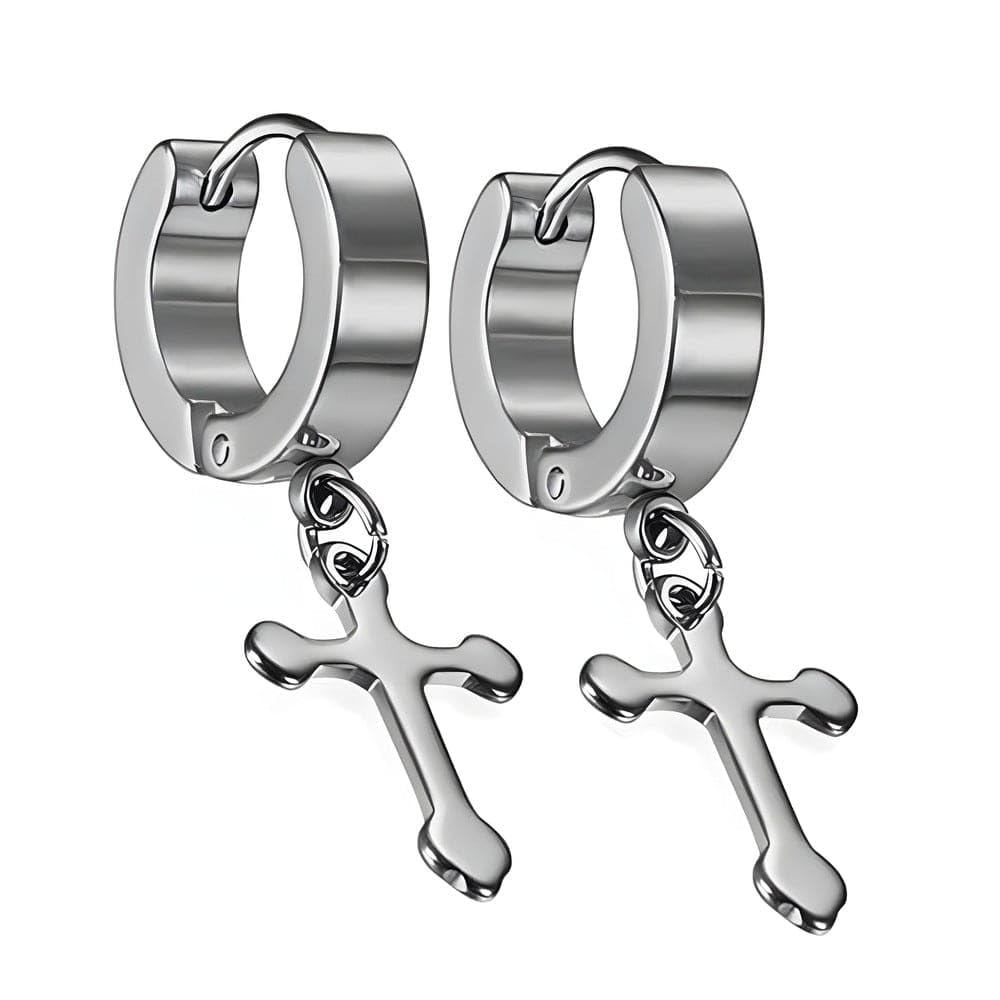 modeva "elevate your essence" Stainless Steel Cross Dangle Hoop Earrings, Silver Huggie Drop Design, Unisex-picture-14
