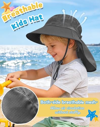 Image of Rosoz Kids Sun Hat with Neck Flap UV Protection Summer Toddler Beach Hat Unisex Ponytail Hat Wide Brim Fishing Hat