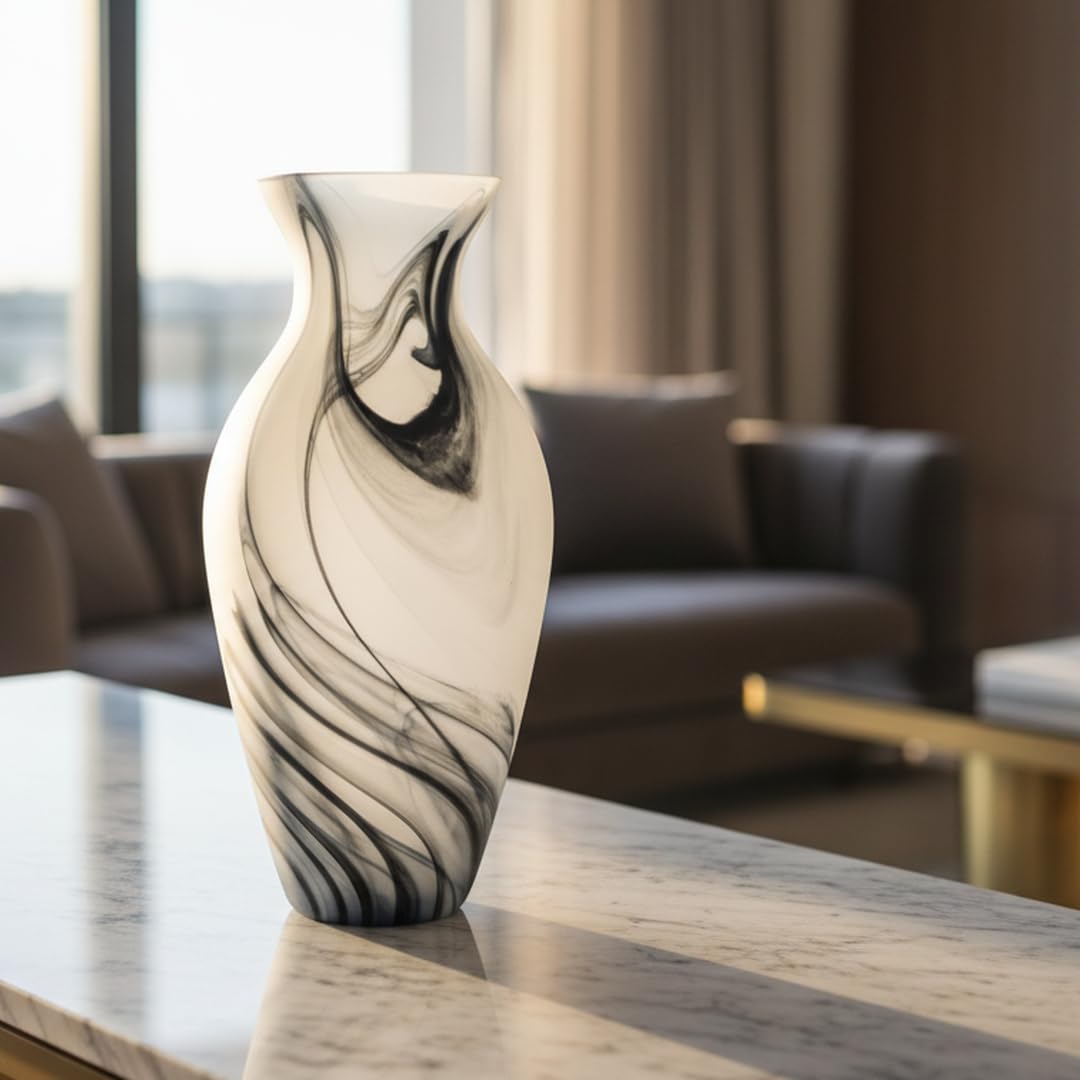 Vaso Anfora in Vetro di Murano Bianco Satinato con Venature Nere by Tammaro Home