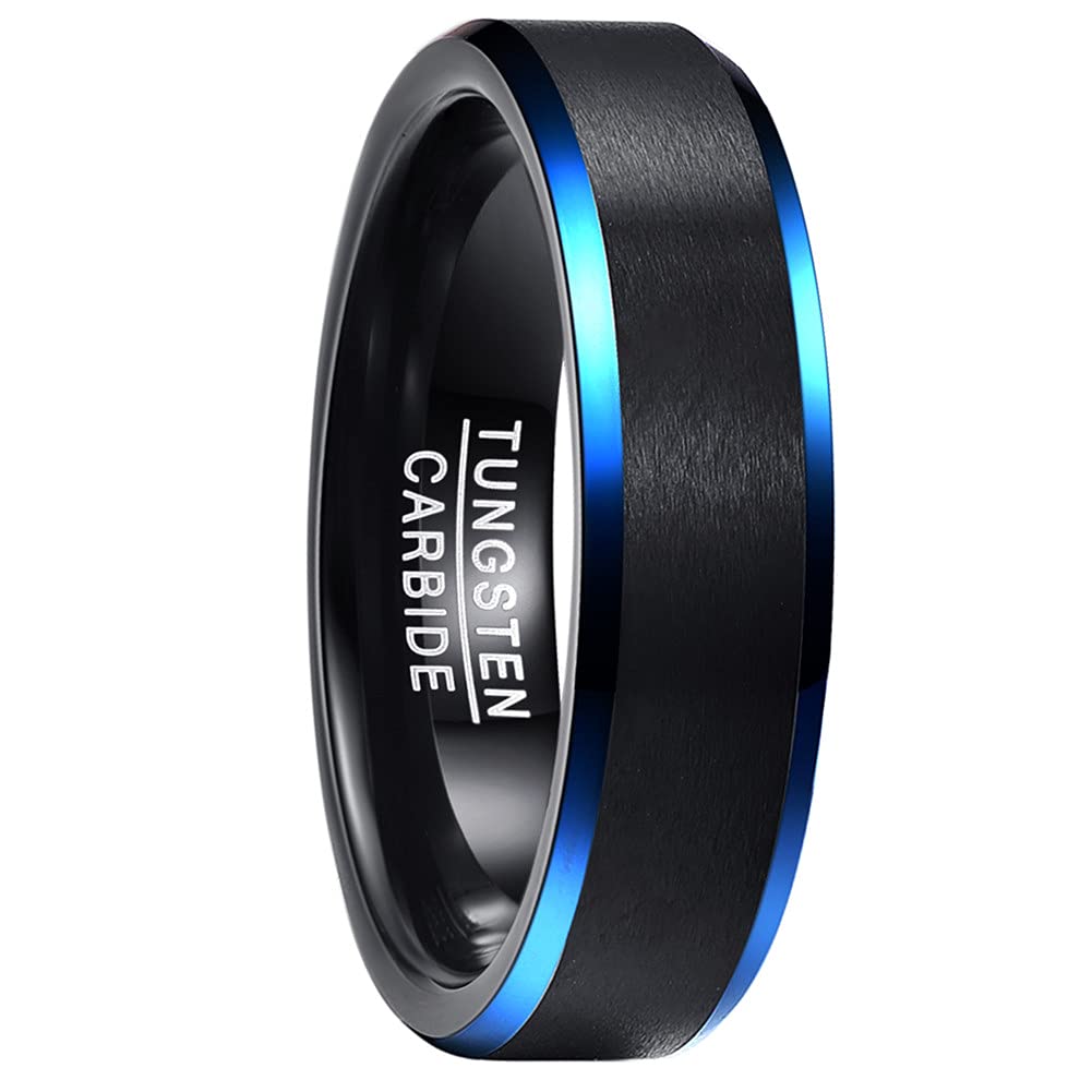 CoratoAnillo de tungsteno negro de 6 mm para hombre y mujer, anillo de compromiso mate, acabado y borde biselado azul, talla 54-67