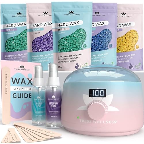 Image of Tress Wellness Award Winning Waxing Kit for Sensitive Skin - Safe for Face & Skin, Easy to Use - At-Home Kit for Face, Bikini, Brazilian & Full Body - Digital Display, Pink to Teal