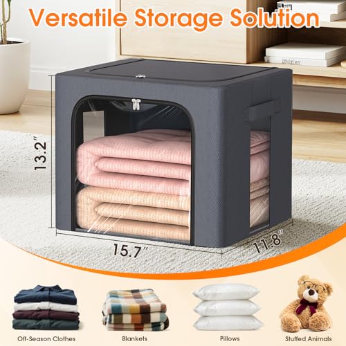 Image of 6 Pack Clothes Storage Bins with Metal Frame,40L Storage Bags Fabric Box Organizer with Clear Window,Zippers,Sturdy Handles(6 Pcs,Light Grey,40L)