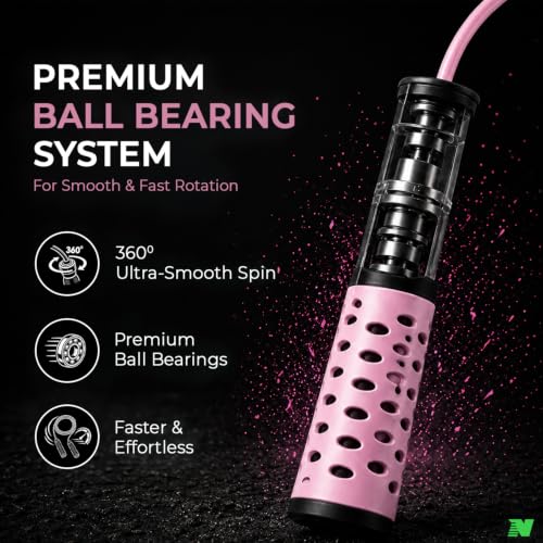Image of Skipping Rope with Ball Bearing for Men, Women & Kids | 300 cm Jump Rope with Smooth Rotation & Comfortable Grip | 270 cm Effective Rope Length | Fitness, Cardio, Exercise & Workout Rope- Pink